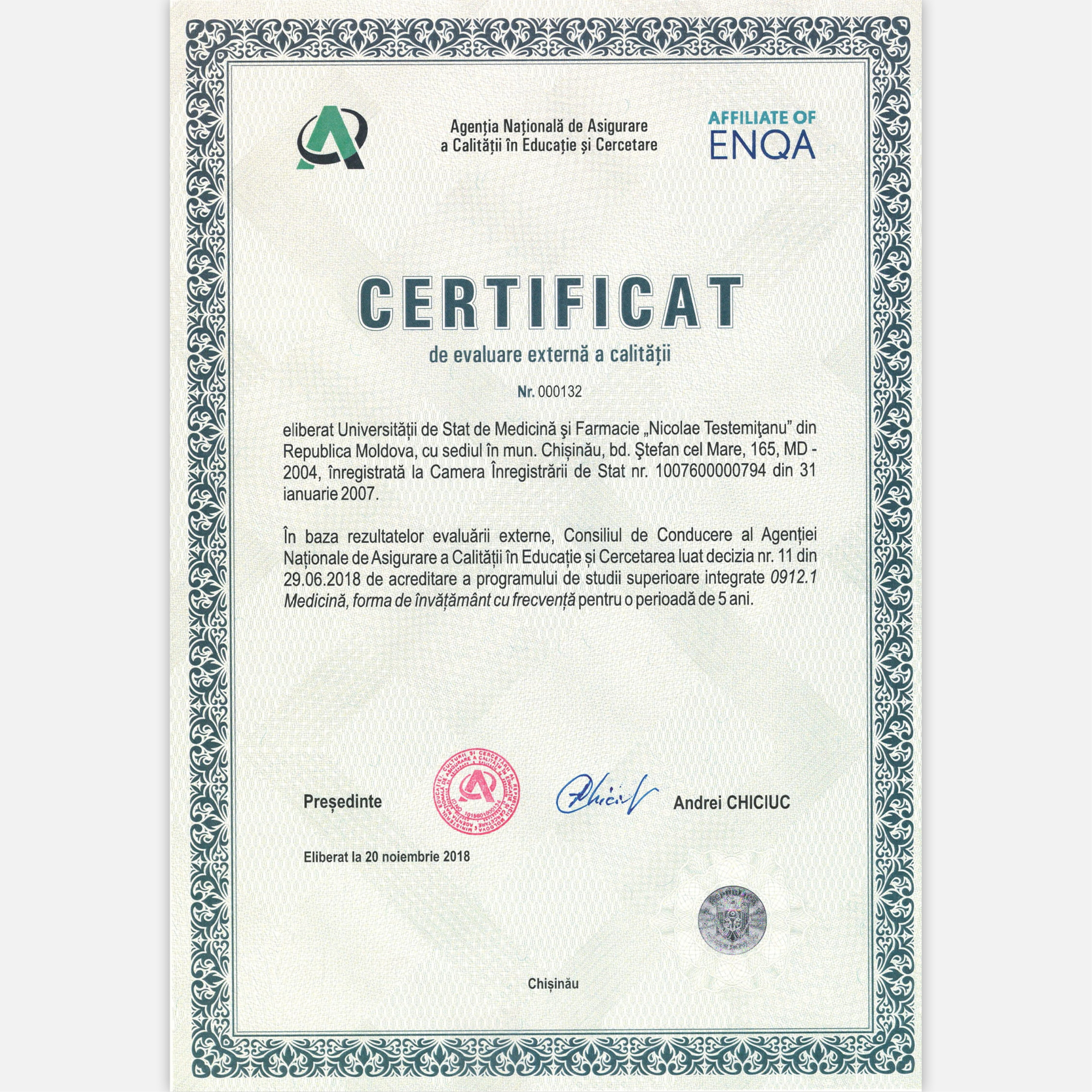 Certificat de evaluare externă a calității nr-000132