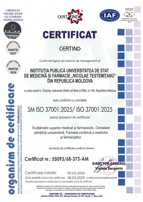 Certificatul pentru sistemul de management conform cerințelor Standardului internațional anti-mită ISO 37001:2025